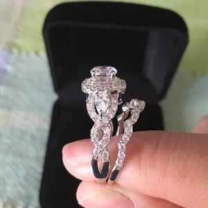 ❤️2pcs 925 Silver Engagement Ring Wedding Band Set